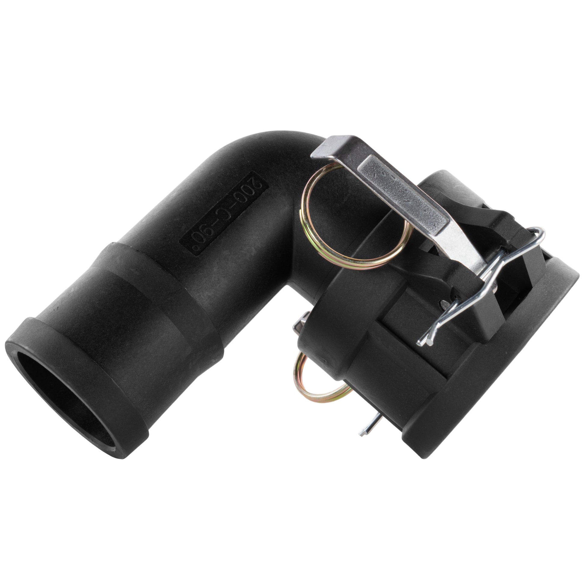 Angled view of black 90° female elbow barb fitting with metal locking clip