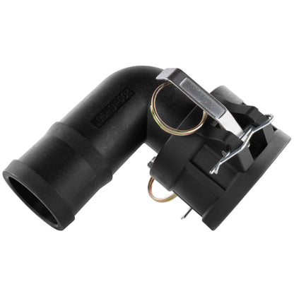 Angled view of black 90° female elbow barb fitting with metal locking clip