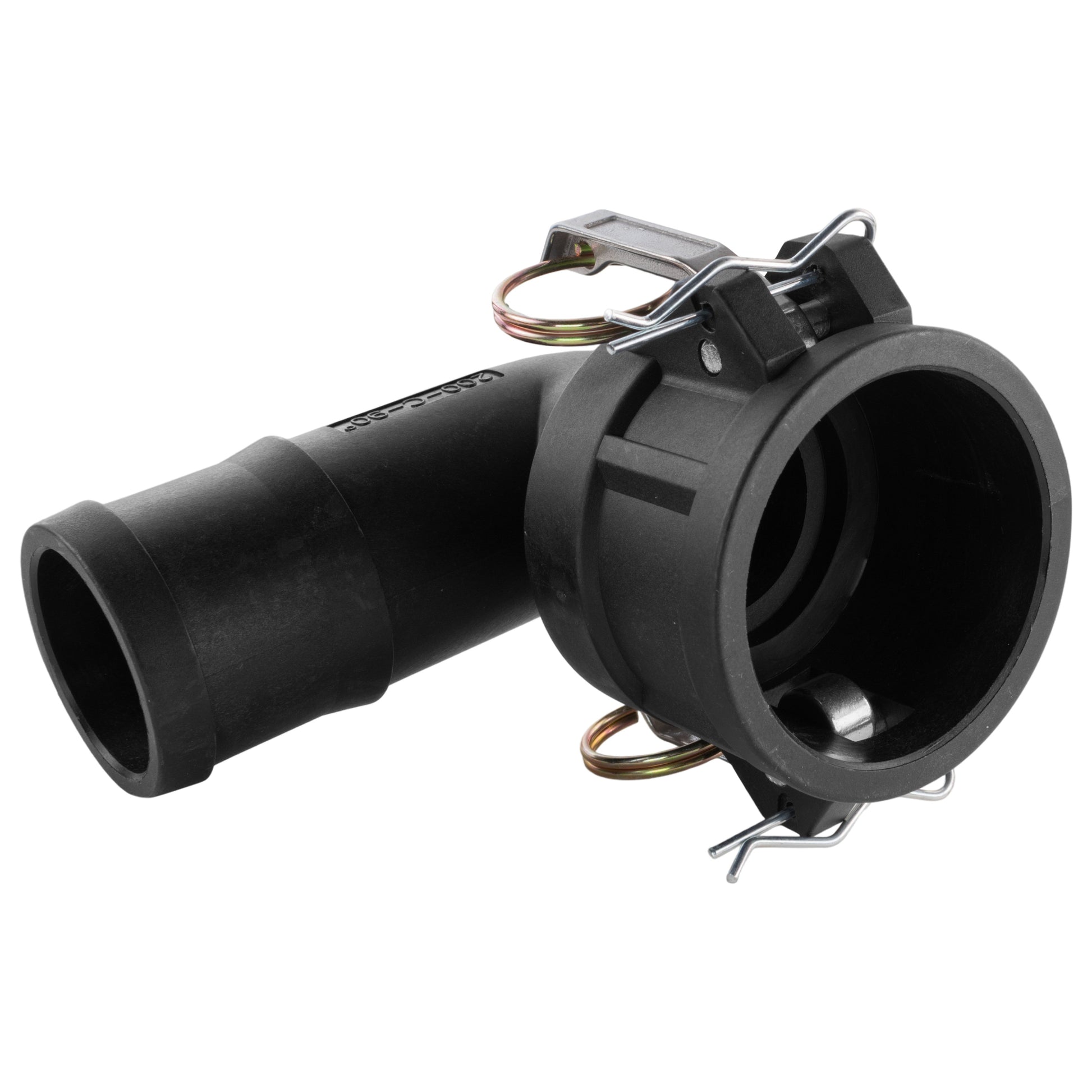 Black 90° female elbow barb fitting with open outlet and metal spring clip