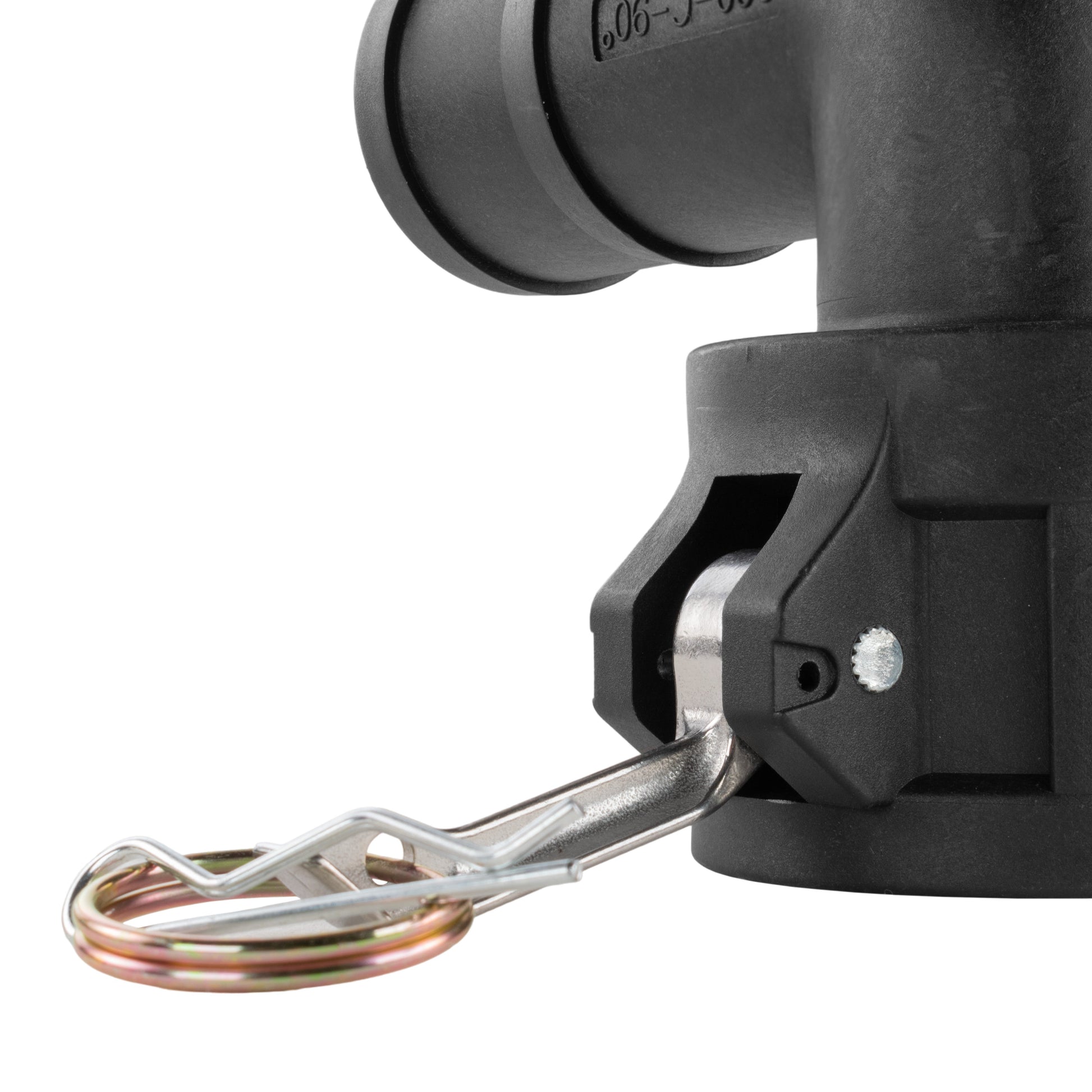 Black 90° female elbow barb fitting showing spring clip and wire contacts