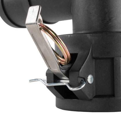Close-up of black camlock elbow clip and barbed connector, with wire loop