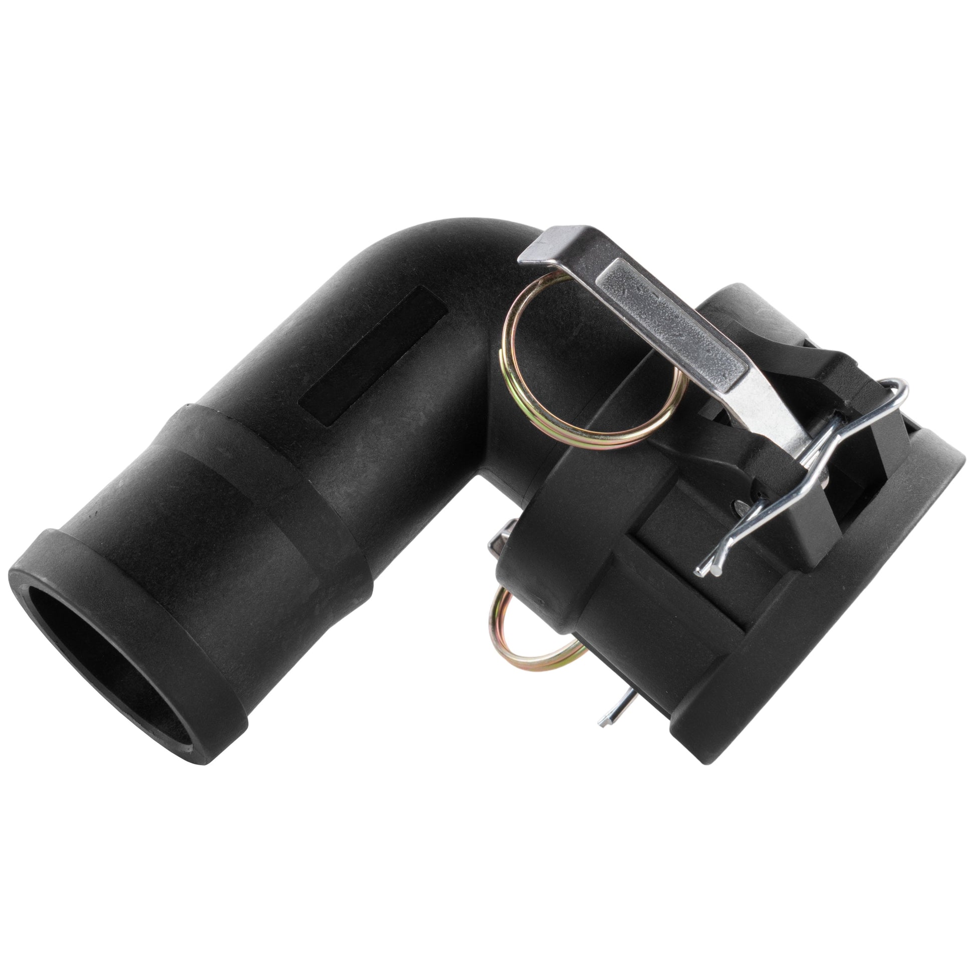 90° female elbow 1" barbed connector in black with metal clip and wire loops