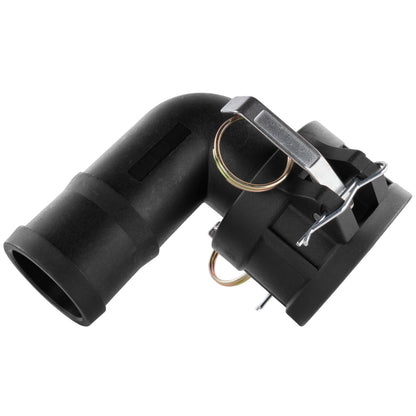 90° female elbow 1" barbed connector in black with metal clip and wire loops