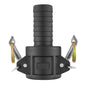 Camlock Type C 1.25" black plastic coupler with side spring clips and pins