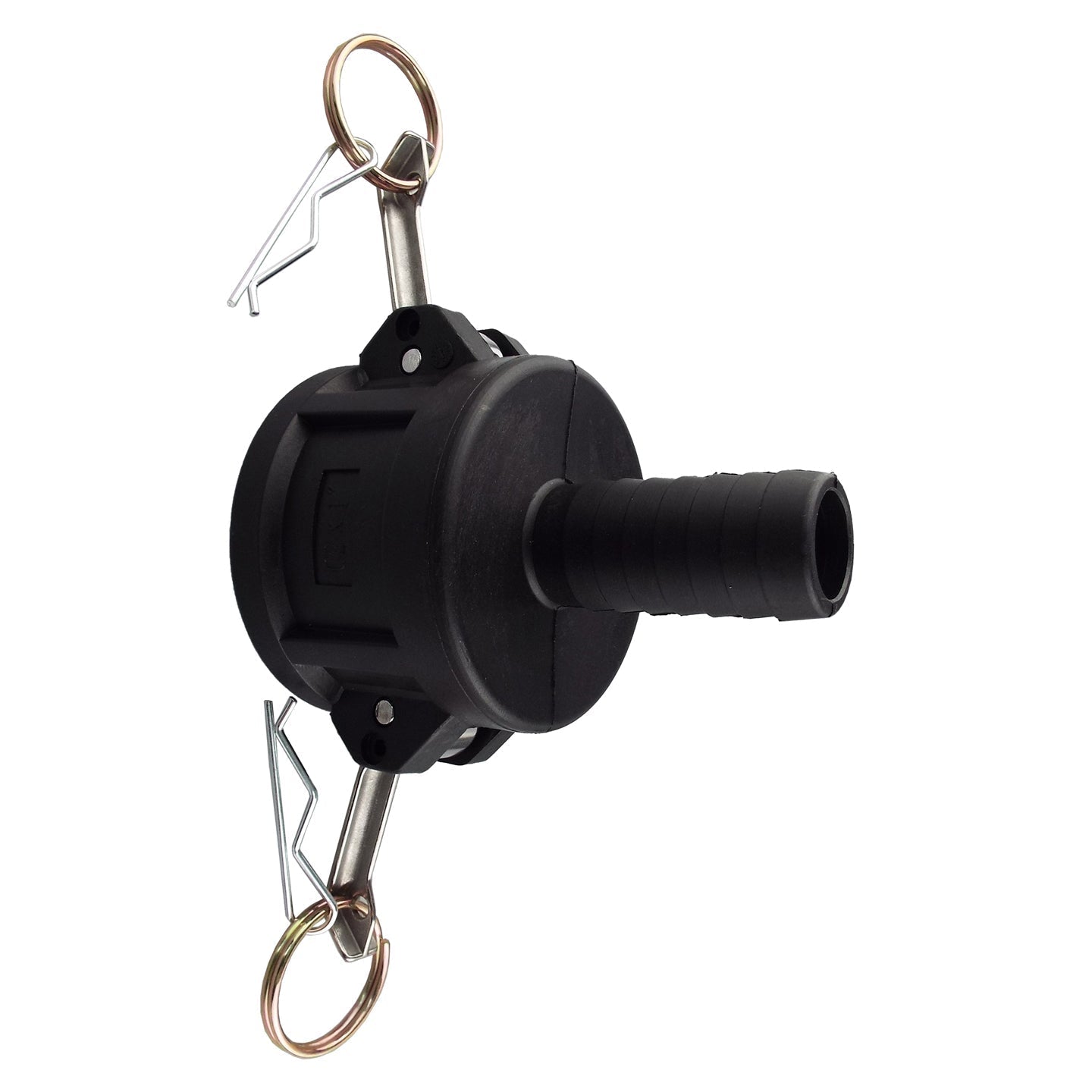 Camlock Type C 3/4" Kupplung, schräg von der Seite mit Befestigungsbügeln, schwarz