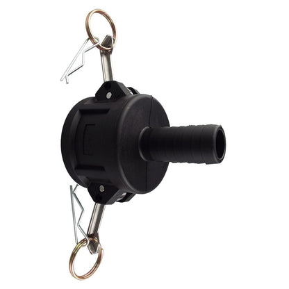 Camlock Type C 1.25" black coupler with metal keys and retaining rings on ends