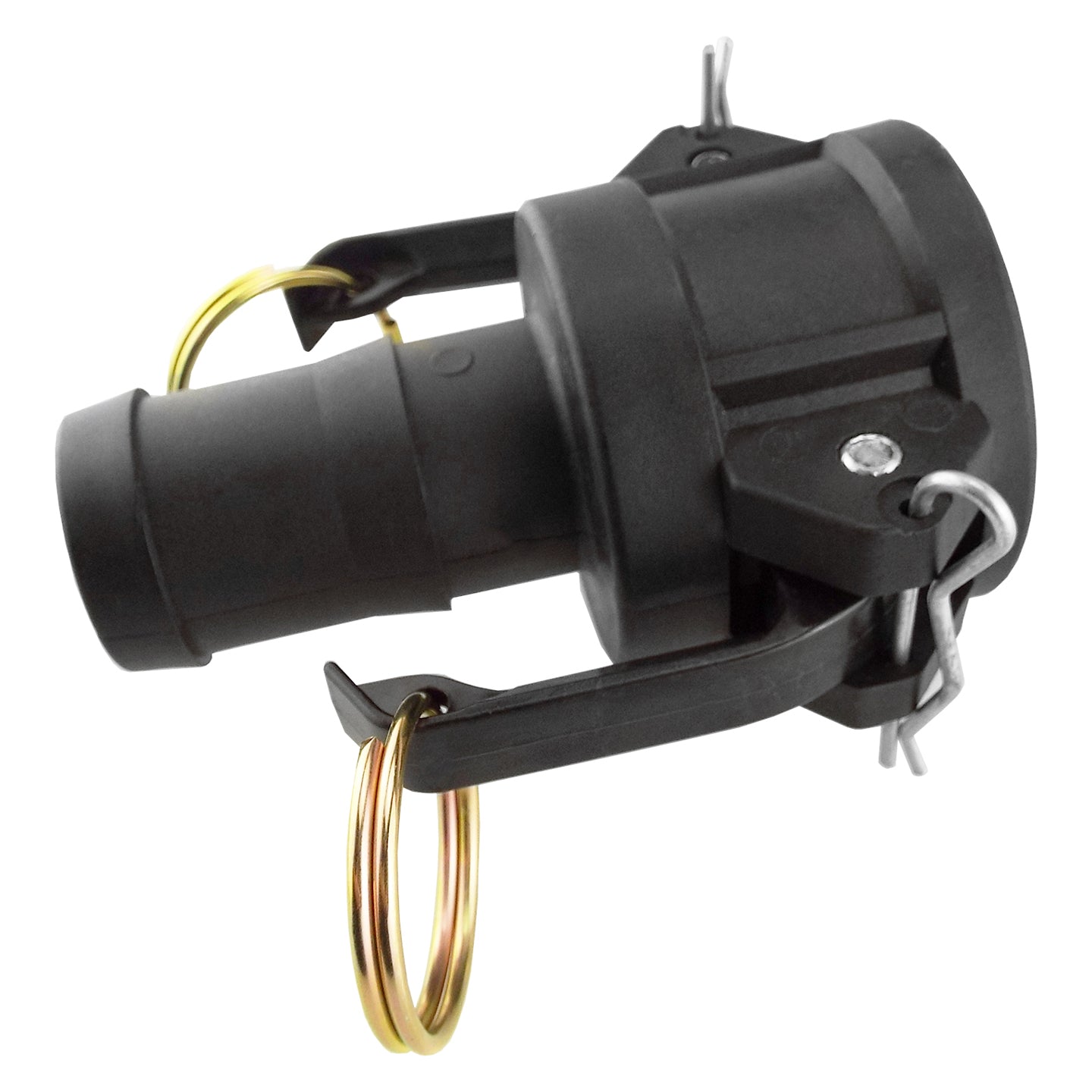 Camlock Type C 1/2" coupling with spring clips and outlet spigot, side view