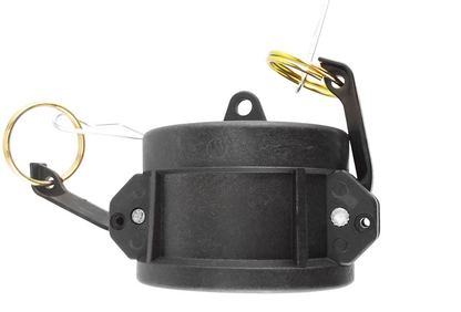 Camlock Type DC 2" black coupler front view with mounting holes and metal latch rings