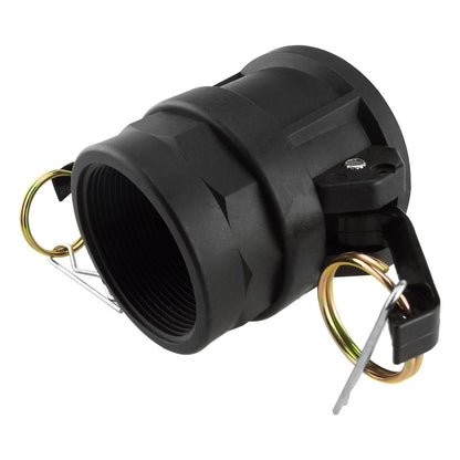 Black Type D camlock fitting with brass latch ring, spring clip, and threaded end