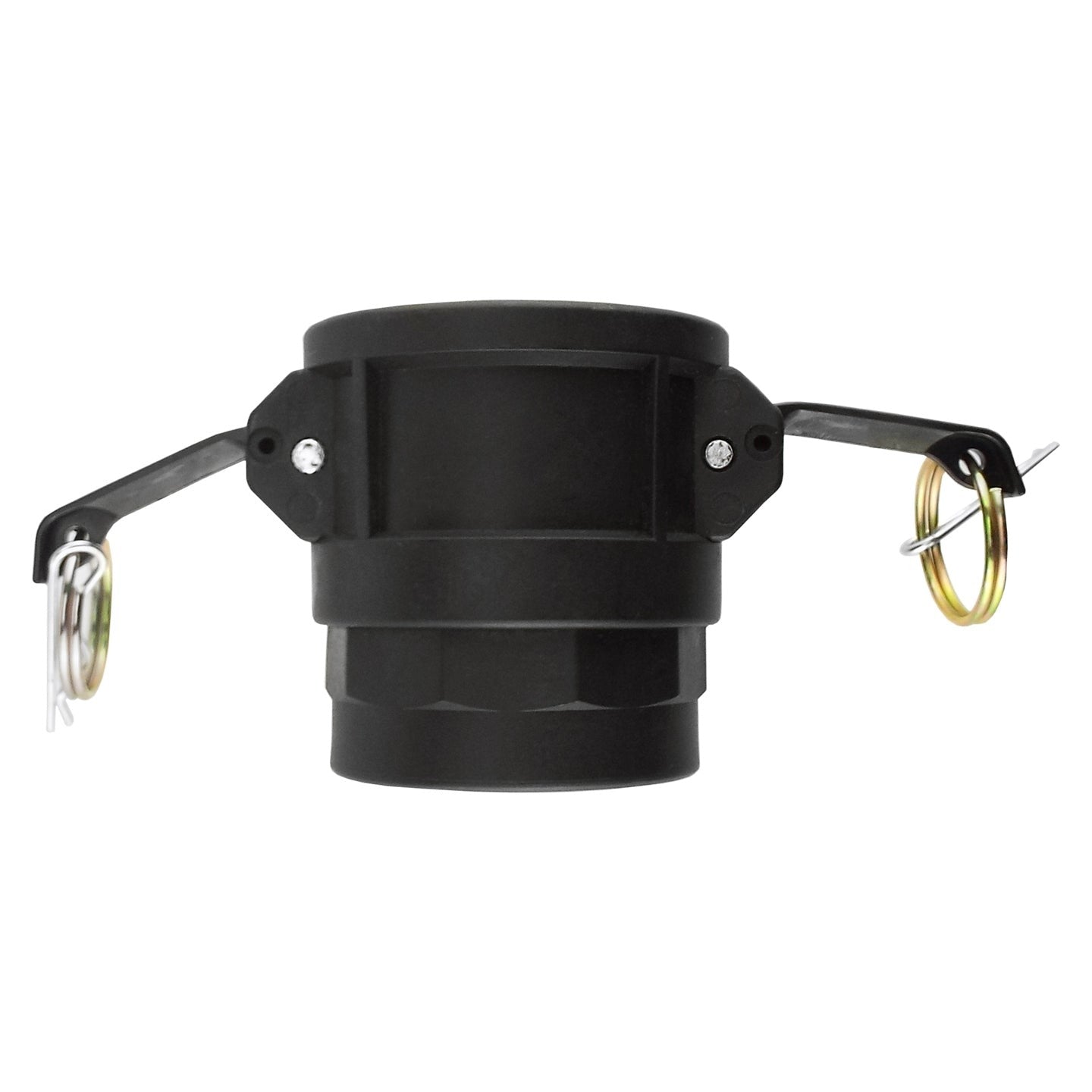 Camlock Type D 1/2" black coupler with metal safety clips on both sides