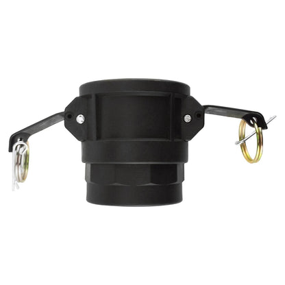 Camlock Type D 1/2" black coupler with metal safety clips on both sides