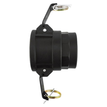 Camlock Type D 1.25" black flange coupler with mounting holes and retaining spring