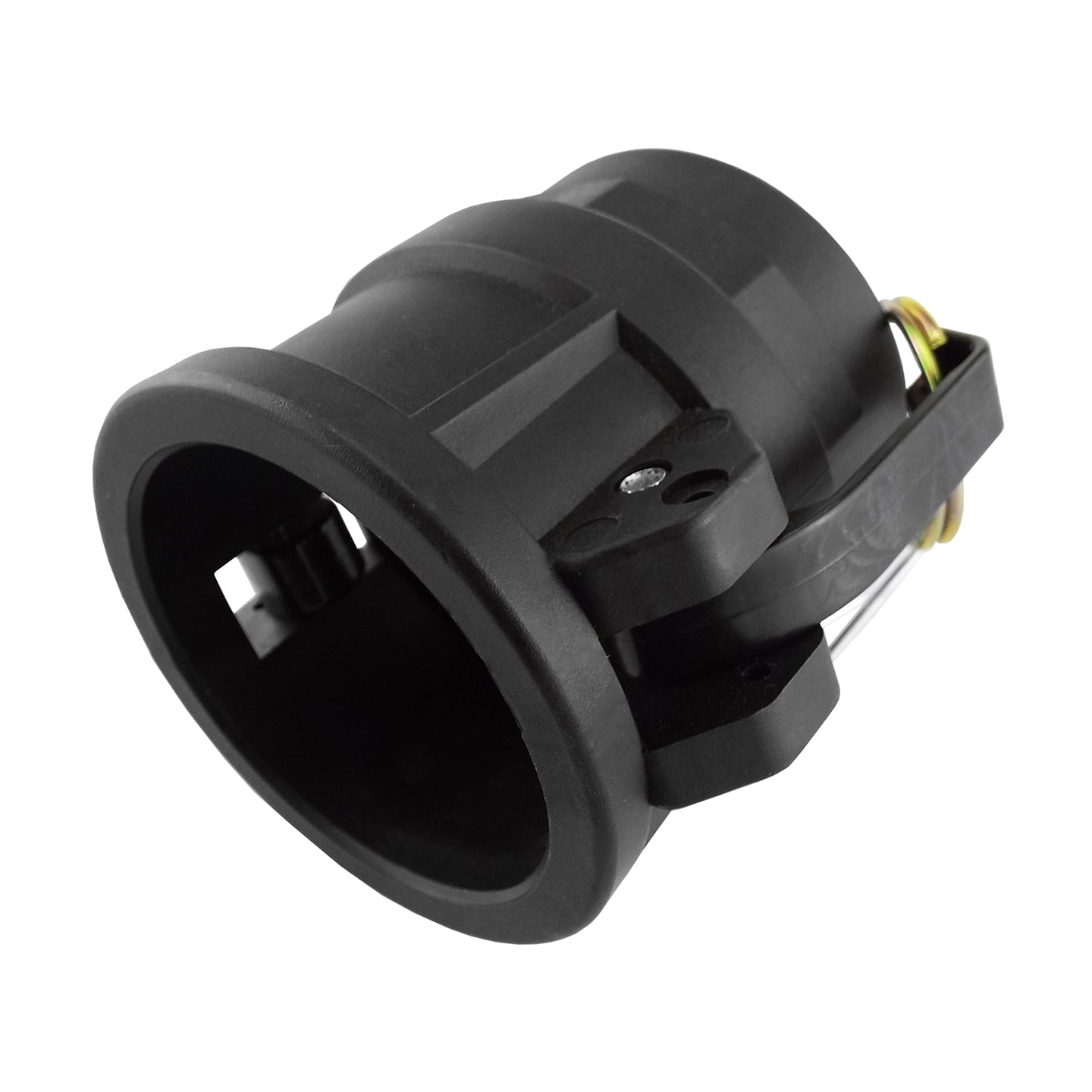 Black camlock coupling with threaded outlet and metal spring clip for Type D locking