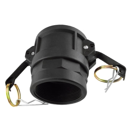 Black IBC camlock fitting with external ring release and threaded connection opening