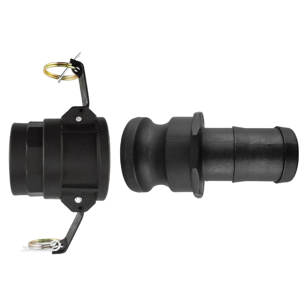 Camlock Type D + E black cam coupler with latch and safety pin