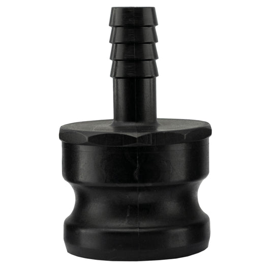 Camlock Type E 2"–3/4" barb connector, black plastic body with barbed inlet