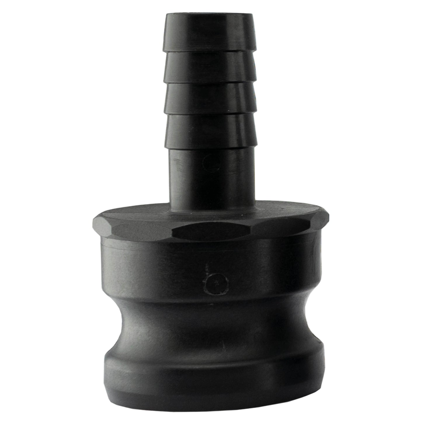 Camlock Type E fitting with 2 in to 1 in barb ends, black exterior