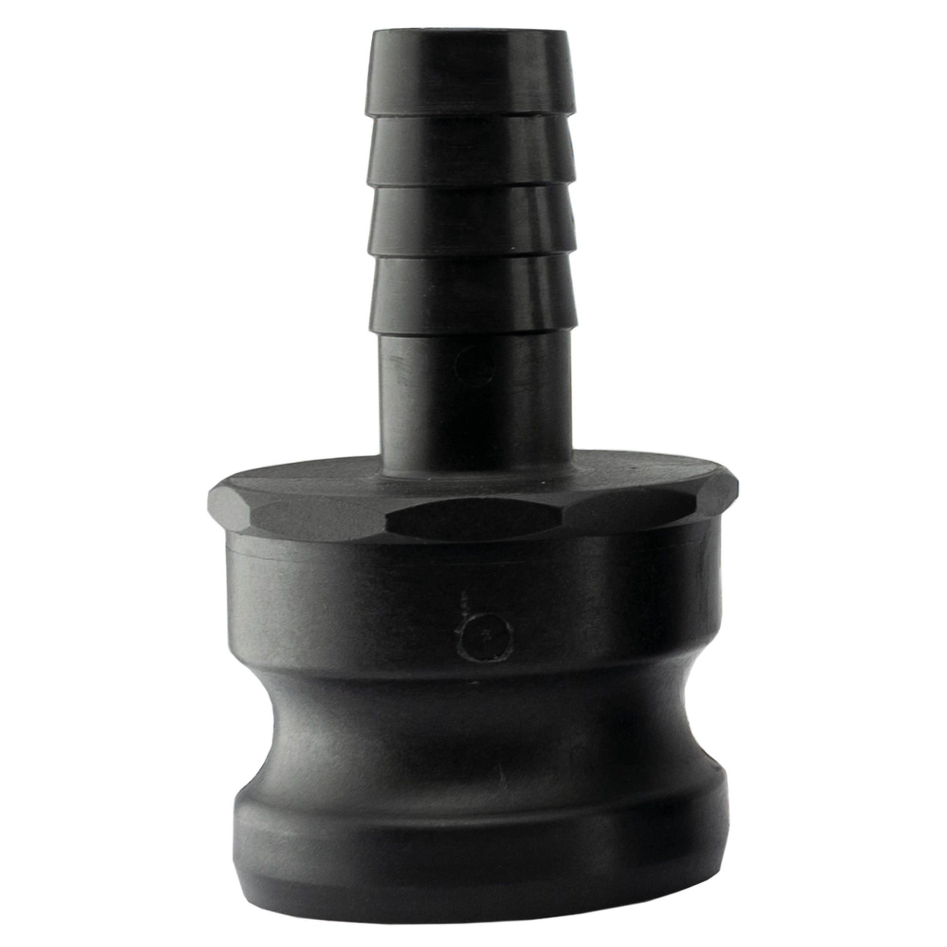 Camlock Type E fitting with 2 in to 1 in barb ends, black exterior