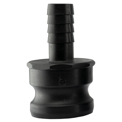Camlock Type E fitting with 2 in to 1 in barb ends, black exterior
