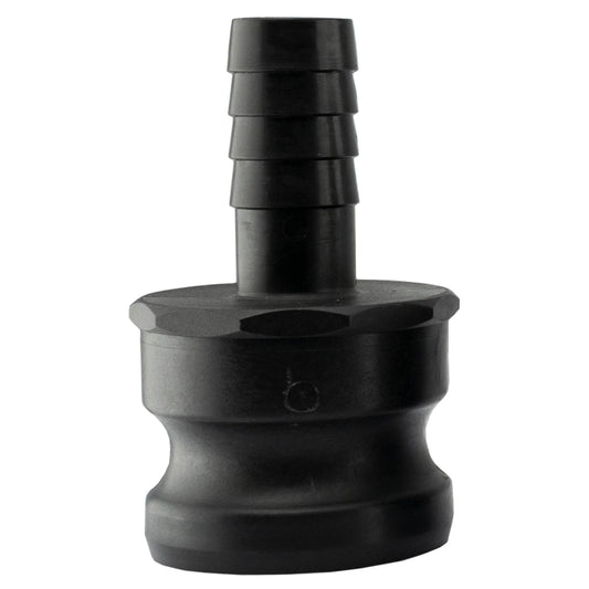 Camlock Type E fitting with 2 in to 1 in barb ends, black exterior
