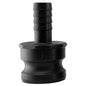 Camlock Type E fitting with 2 in to 1 in barb ends, black exterior