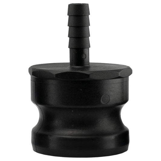 Camlock Type E 2"-1/2" Barb, black plastic cam fitting with raised spigot