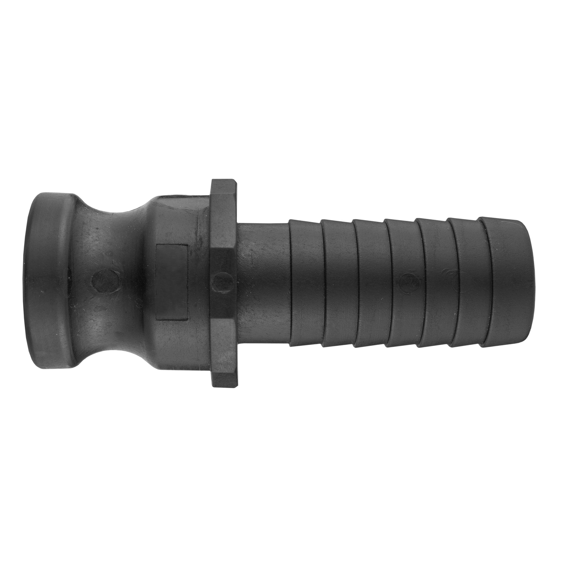 Camlock Type E 2-inch fitting, black coupler with locking flange and ridged sleeve