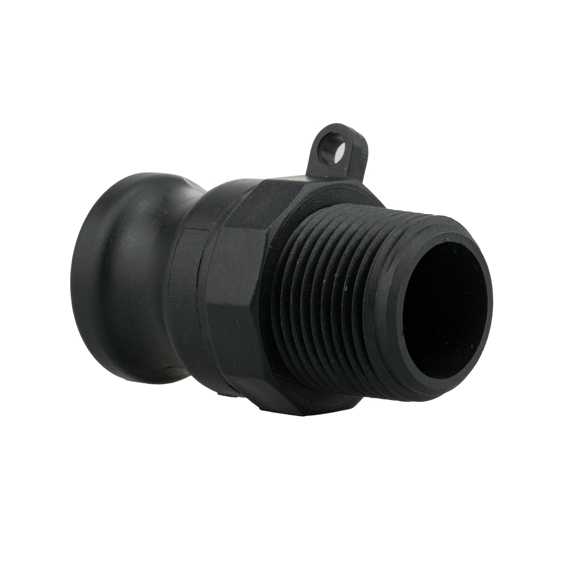 Camlock Type F 4" black connector with threaded end and circular sealing opening