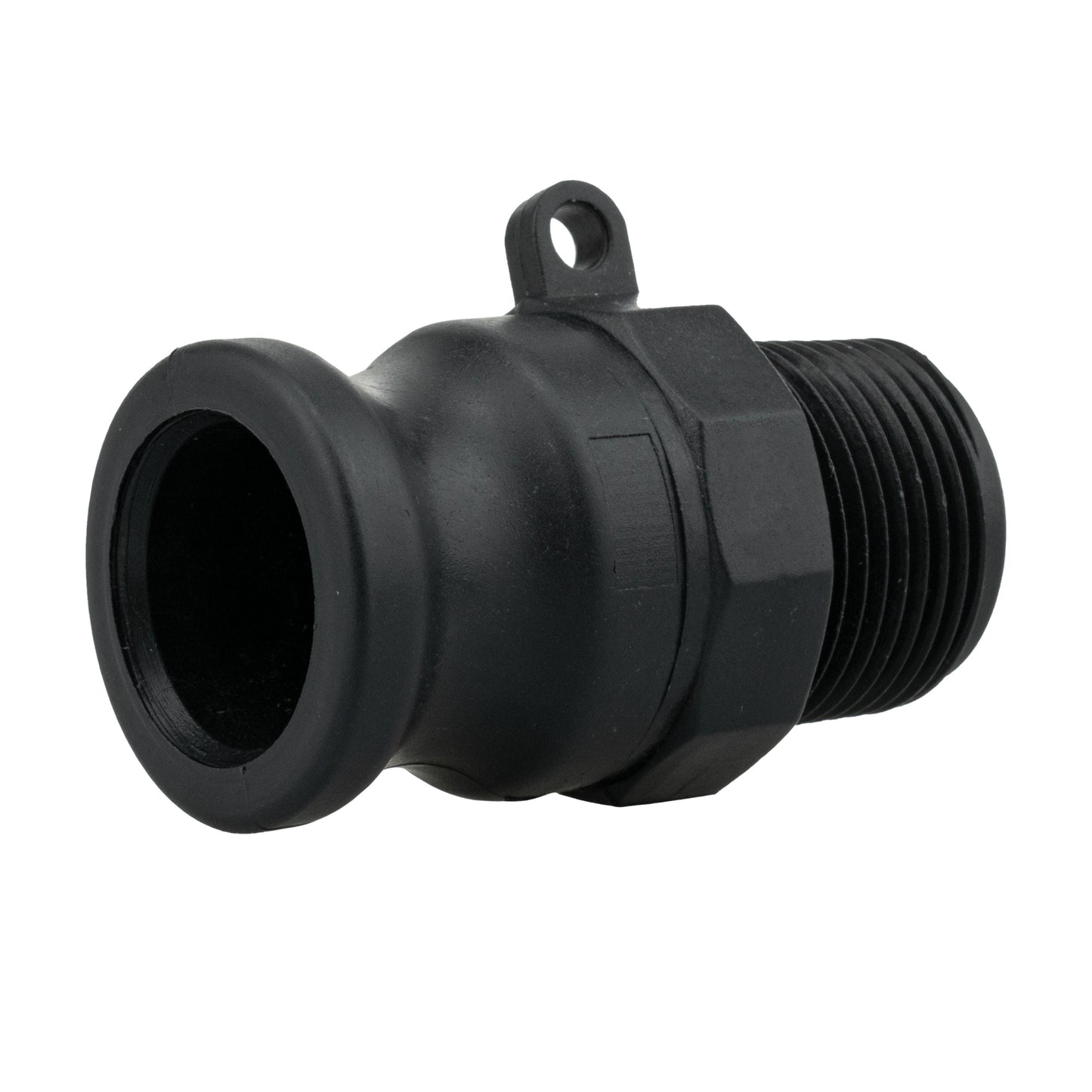Camlock Type F 1.5" Schnellkupplung, schwarzes Gehäuse mit Flanschrundung und Öse