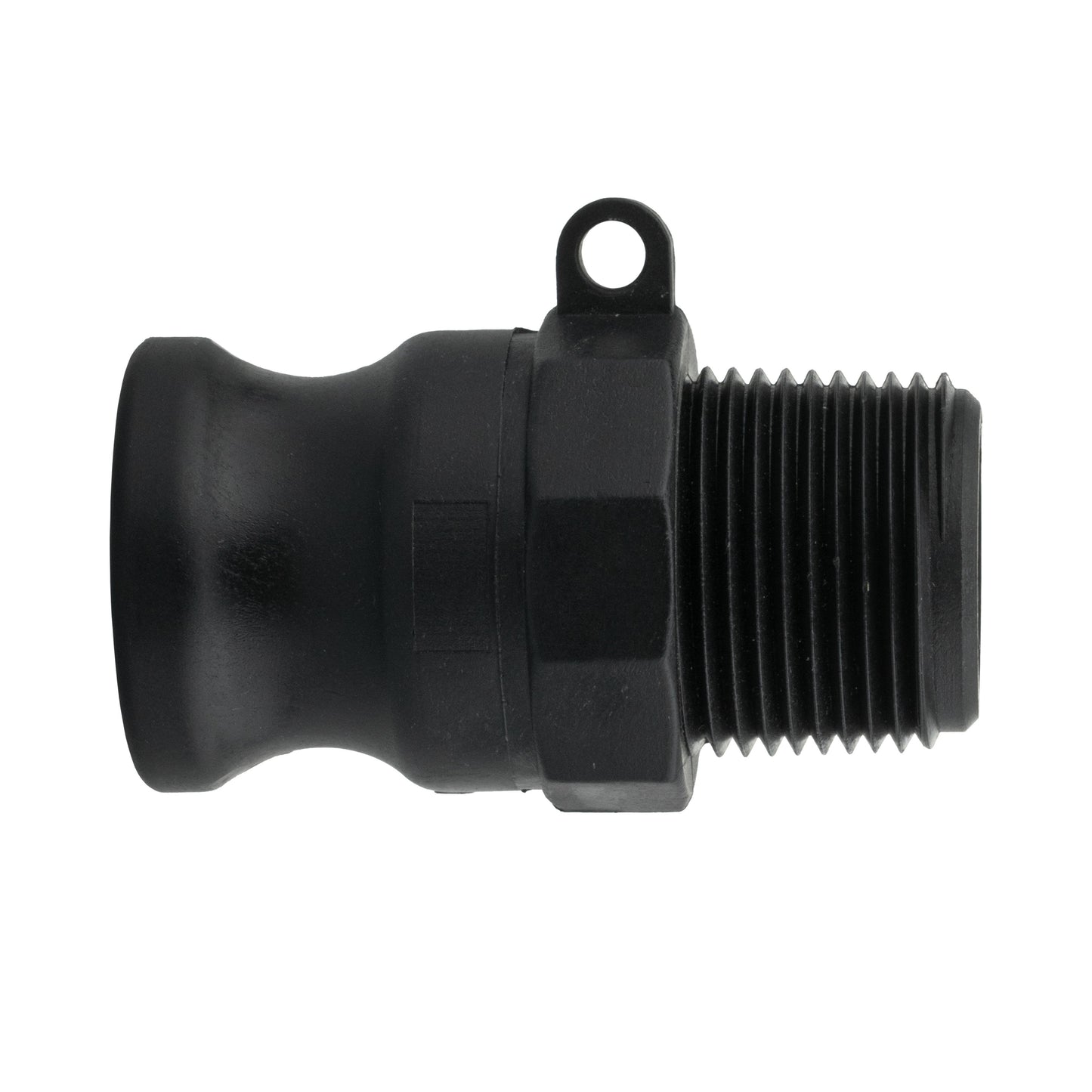 Camlock Type F 4" fitting, black, with ribbed male threads and mounting loop