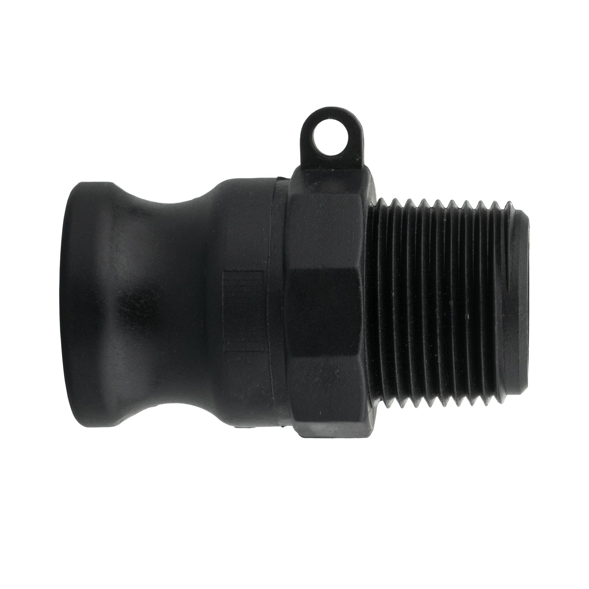 Camlock Type F 4" fitting, black, with ribbed male threads and mounting loop