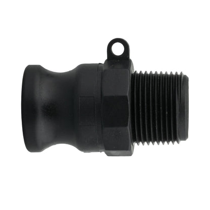 Camlock Type F 4" fitting, black, with ribbed male threads and mounting loop