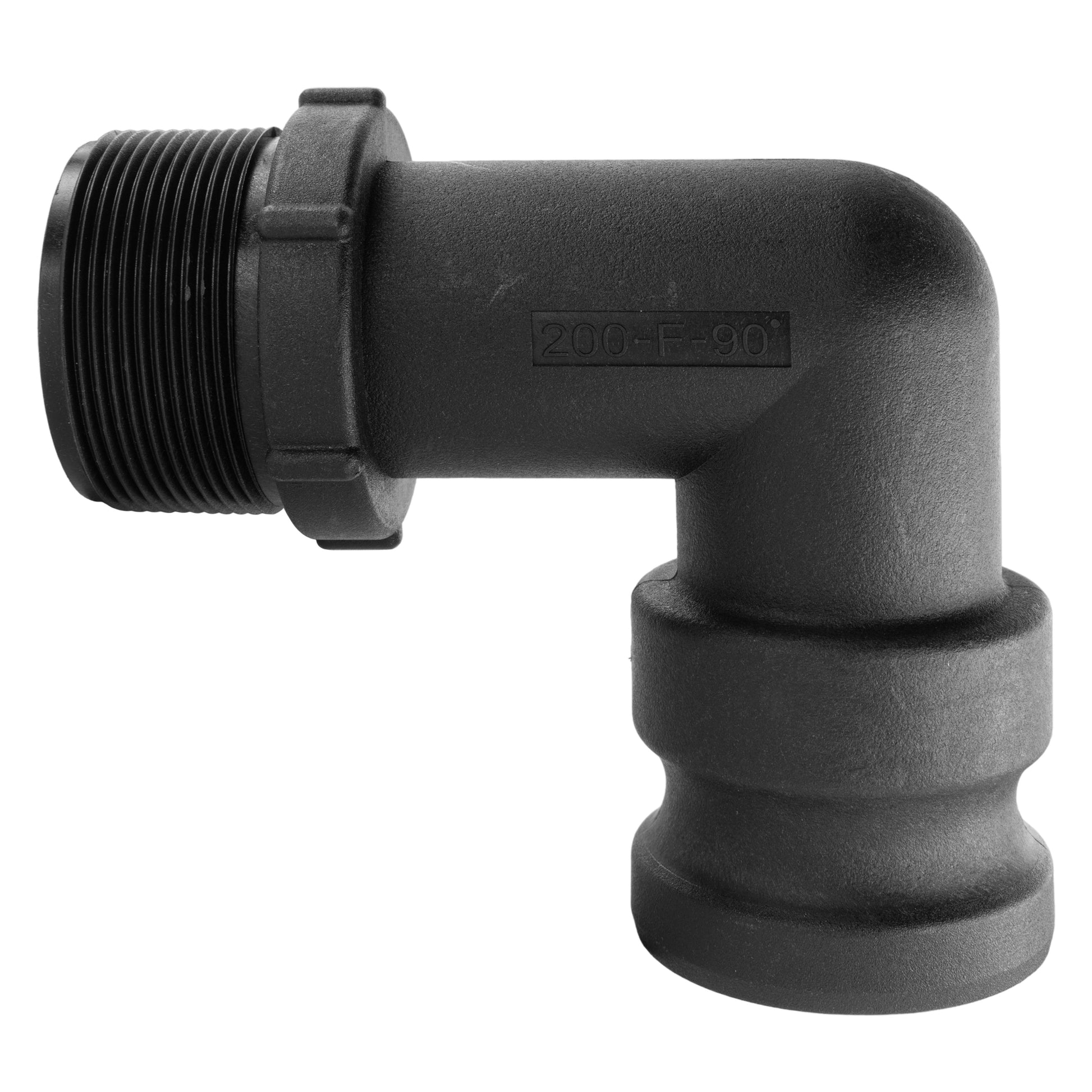 Camlock Type F elbow 2" BSPM, black, male threaded inlet/outlet, 90° bend.