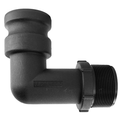 Camlock Type F elbow 2" BSPM, black 90° bend, threaded connection and body stamp.
