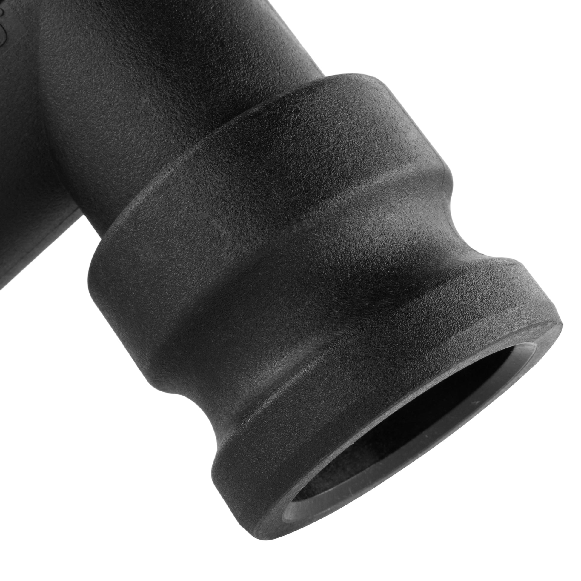 Camlock Type F elbow outlet opening, black body, close-up end view.