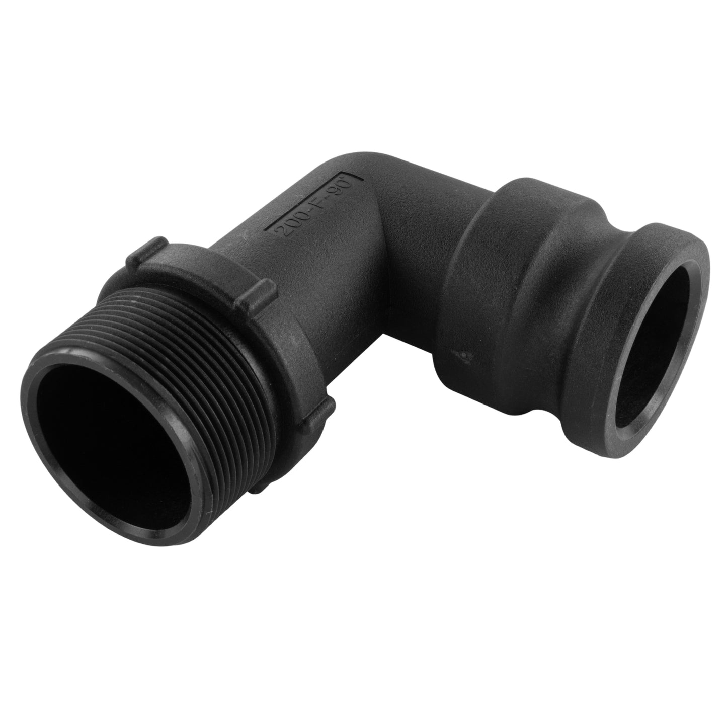 Camlock Type F 2" BSPM elbow, black, threaded couplers on curved pipe section.