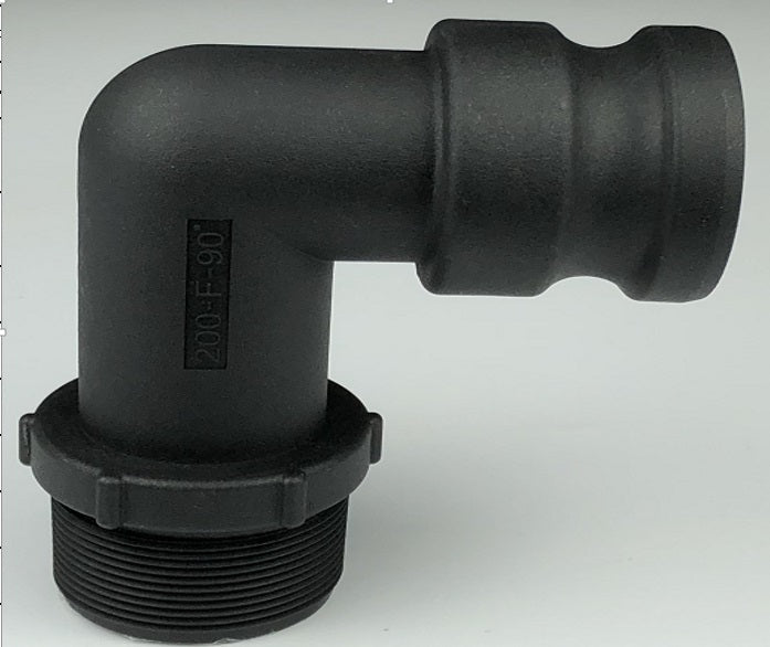 Camlock Type F elbow fitting, black, body markings and threaded connection at the end.
