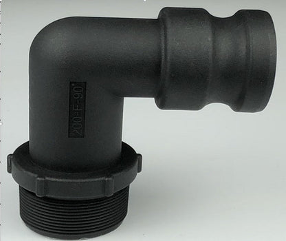 Camlock Type F elbow fitting, black, body markings and threaded connection at the end.