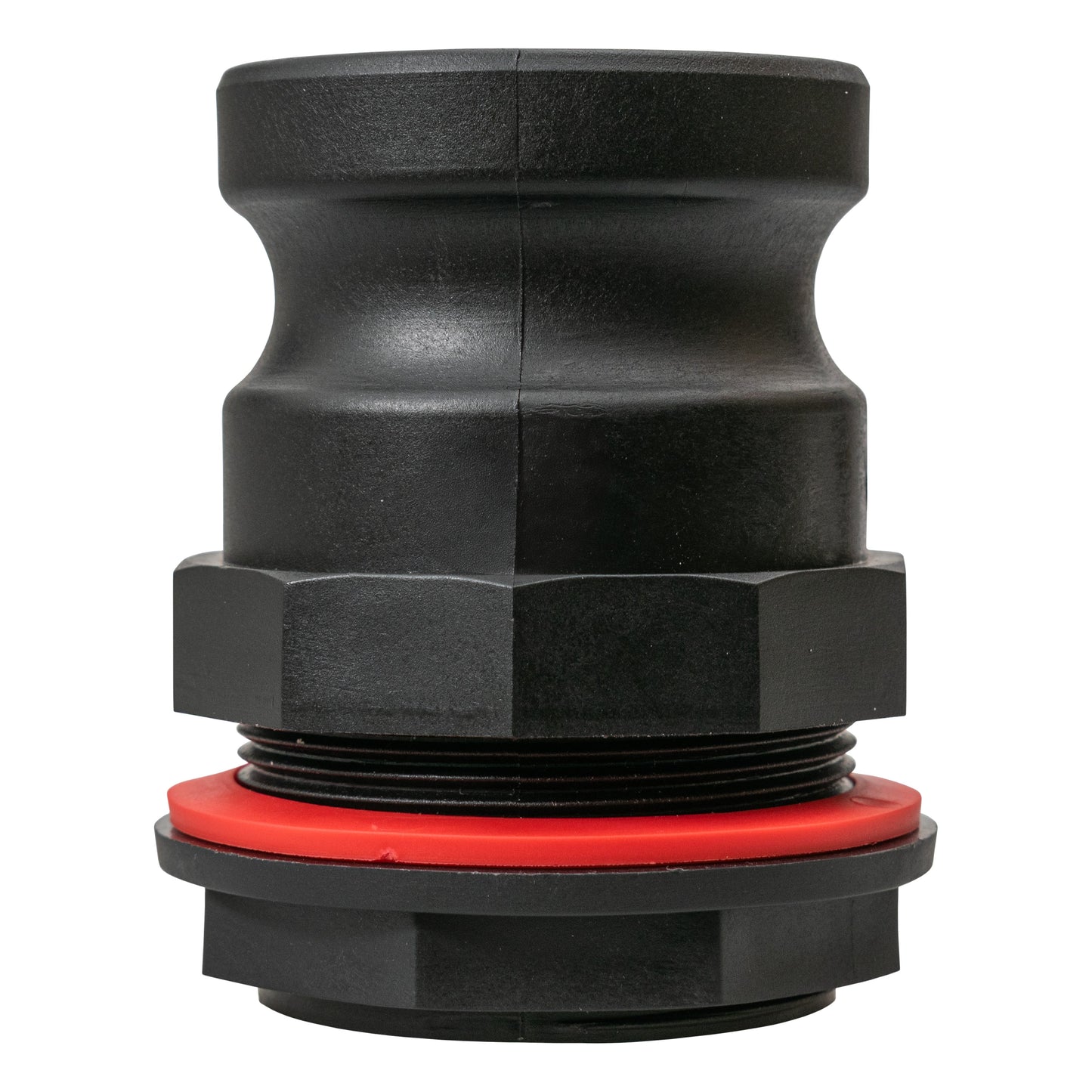 Camlock male connector, threaded coupling with red seal ring detail
