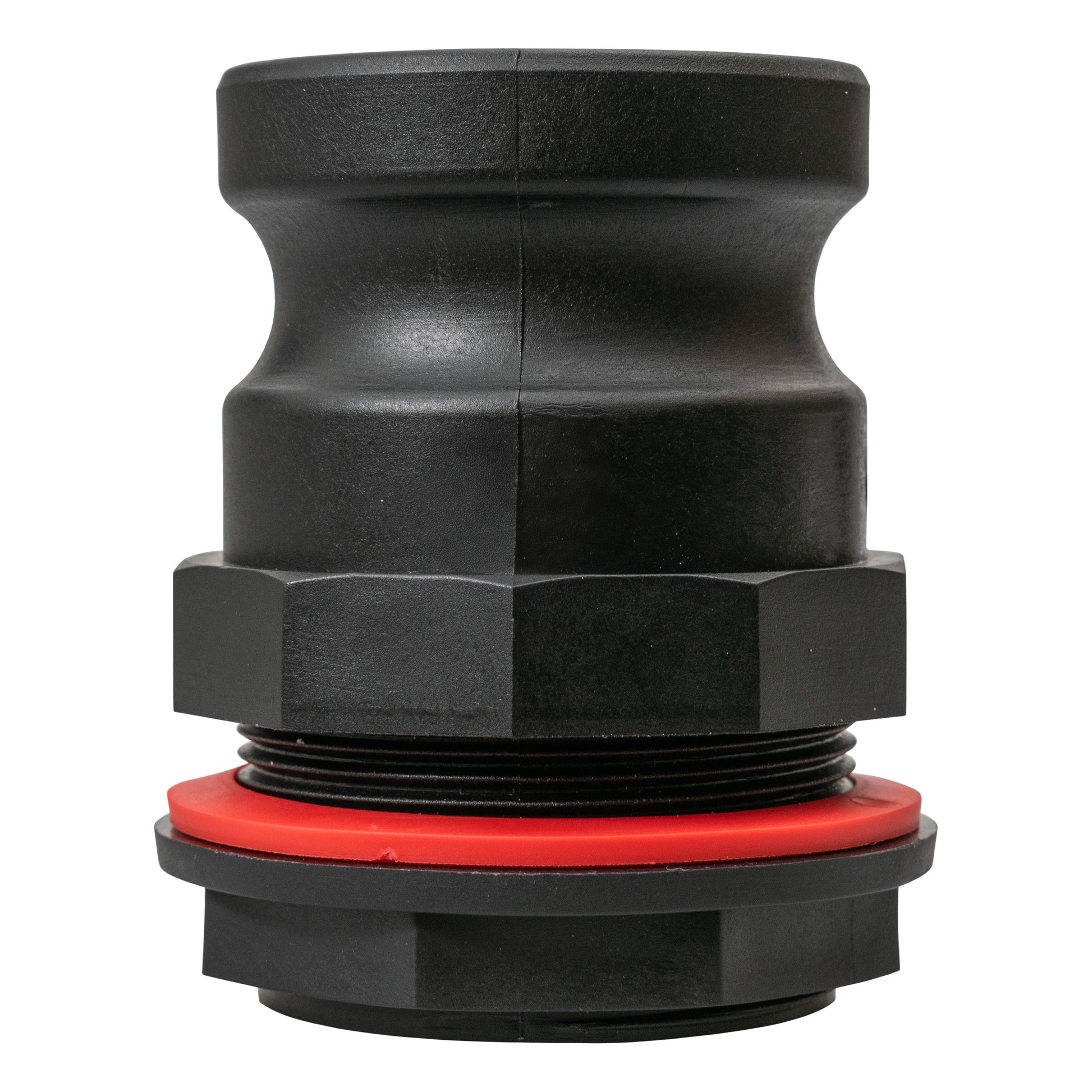 Camlock male connector, threaded coupling with red seal ring detail