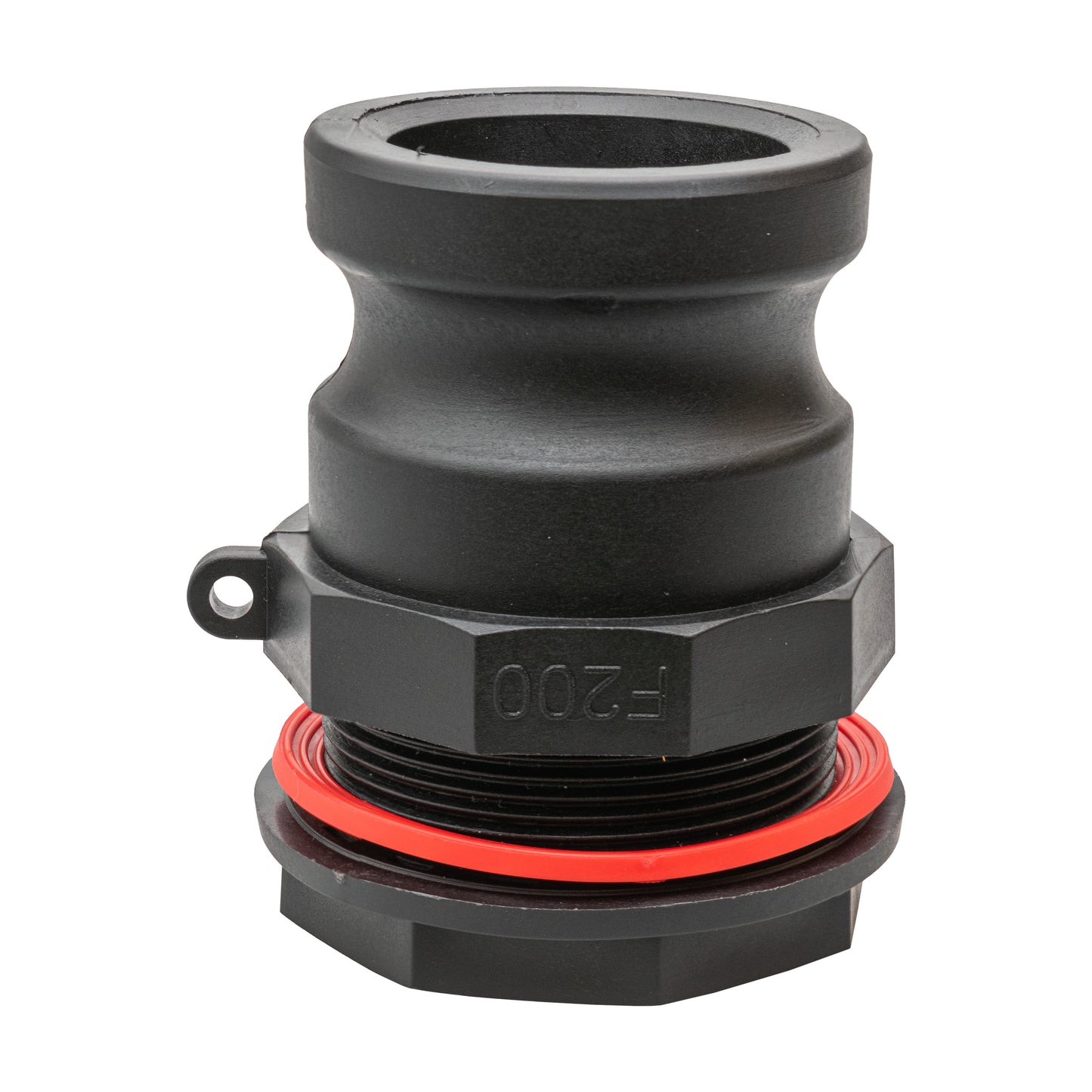 Camlock male water butt connector, close-up of threaded end and red gasket
