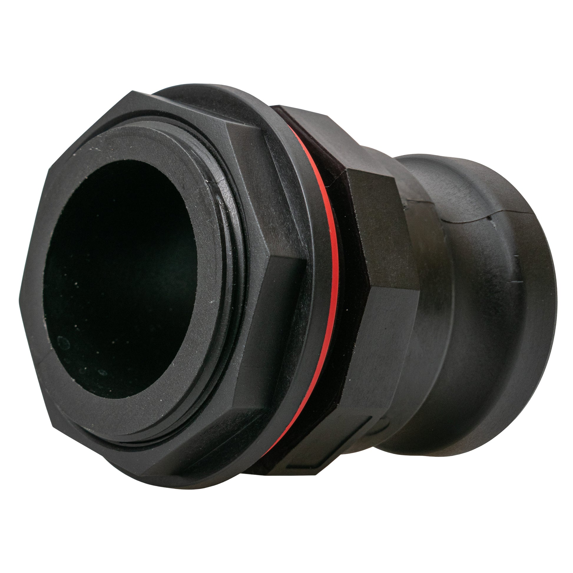Camlock male connector, side view with black locking tabs and seal edge