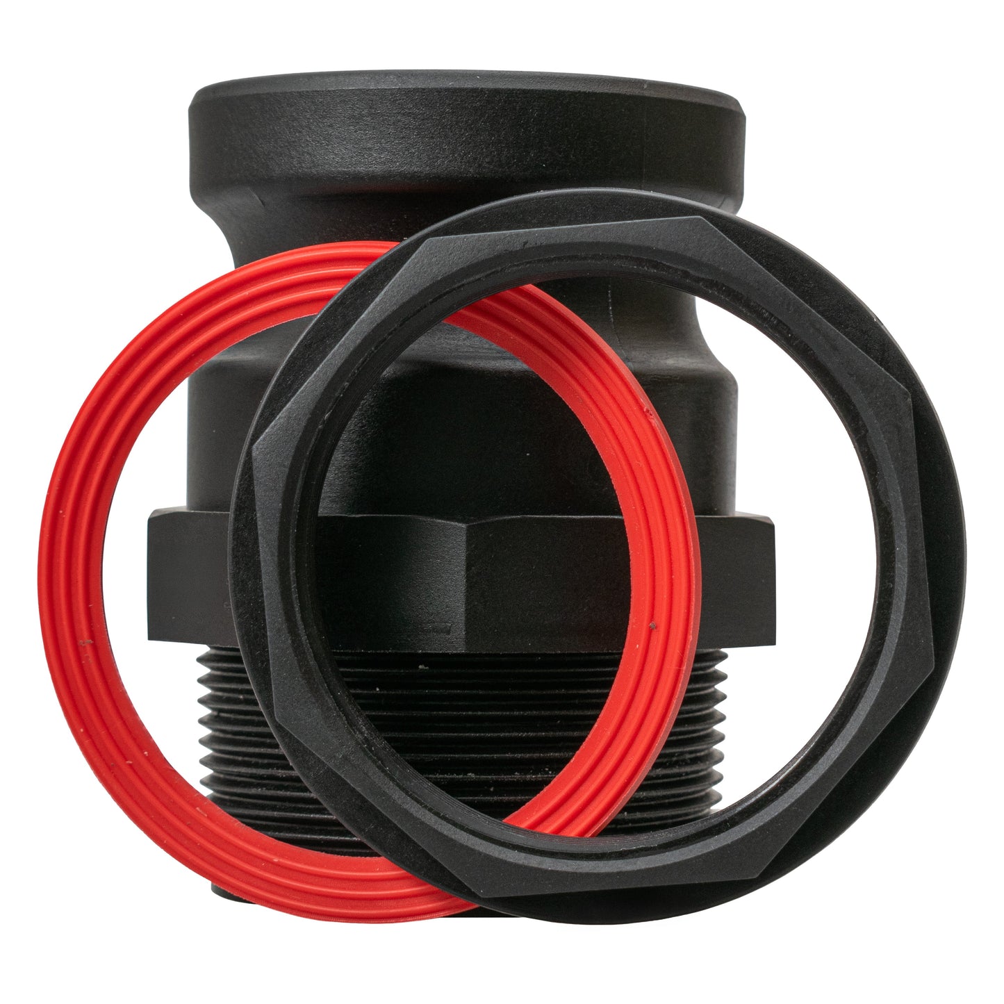 Camlock male connector with visible threads and red O-ring seal
