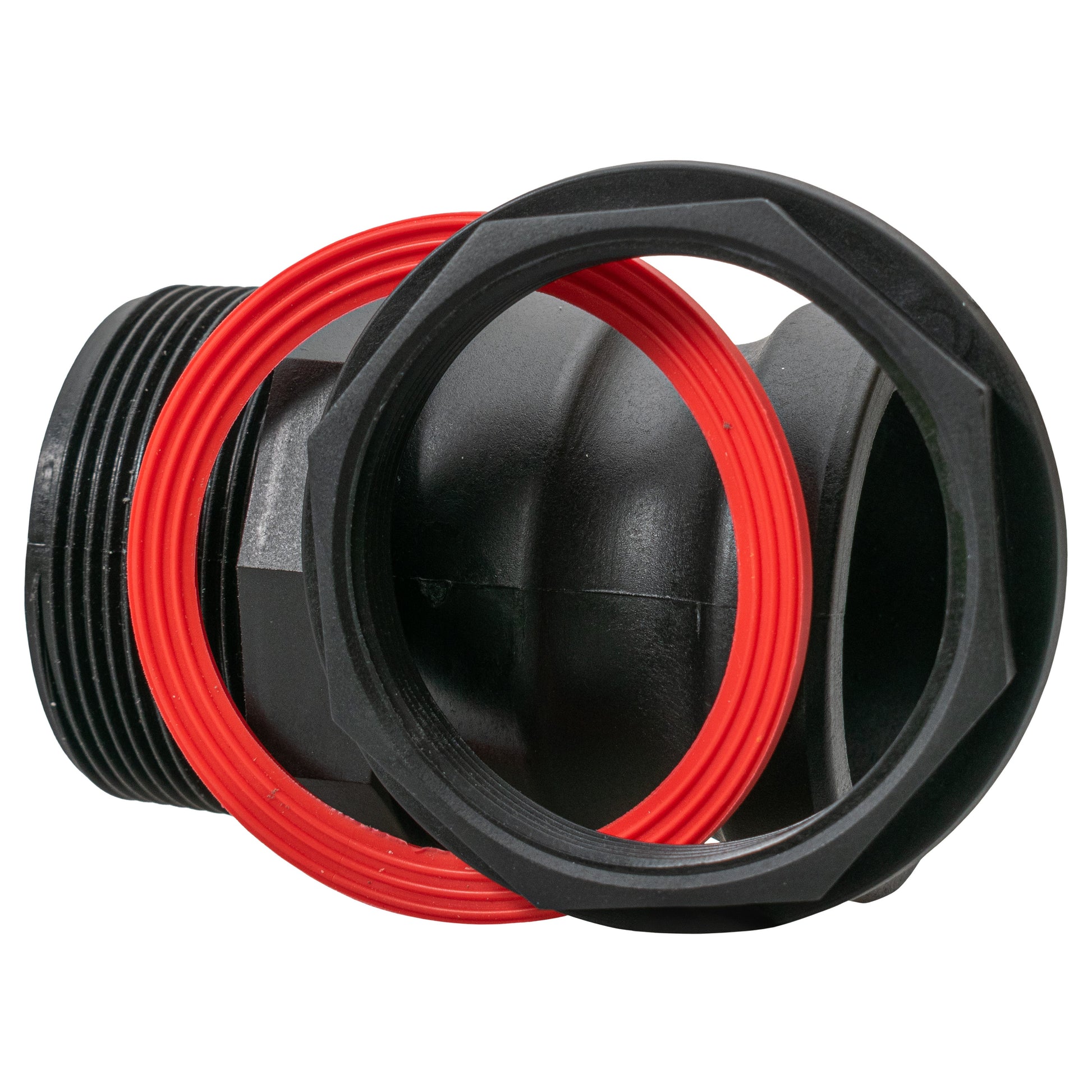 Camlock male water butt connector, rear view showing black threads and red ring