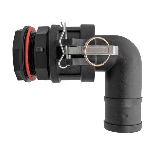 Male water butt connector elbow with hose tail, black plastic, metal quick-lock latch