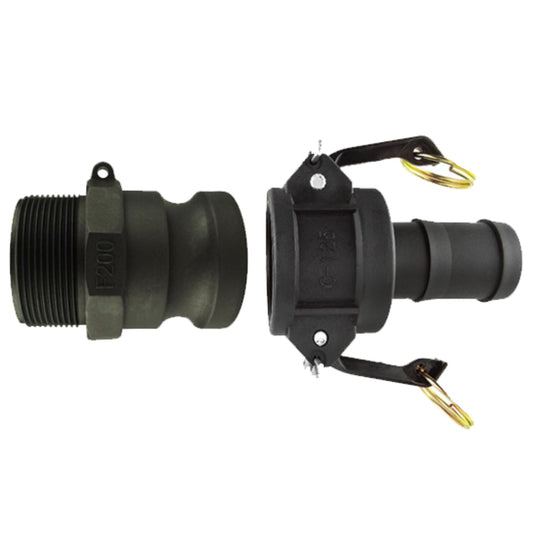 Camlock Type F + C quick-connect fitting with black body and brass pins