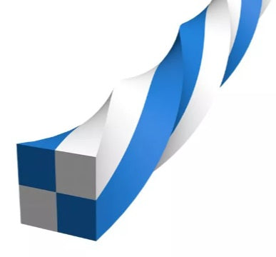Checkered packaging box with blue and grey striped wrap design