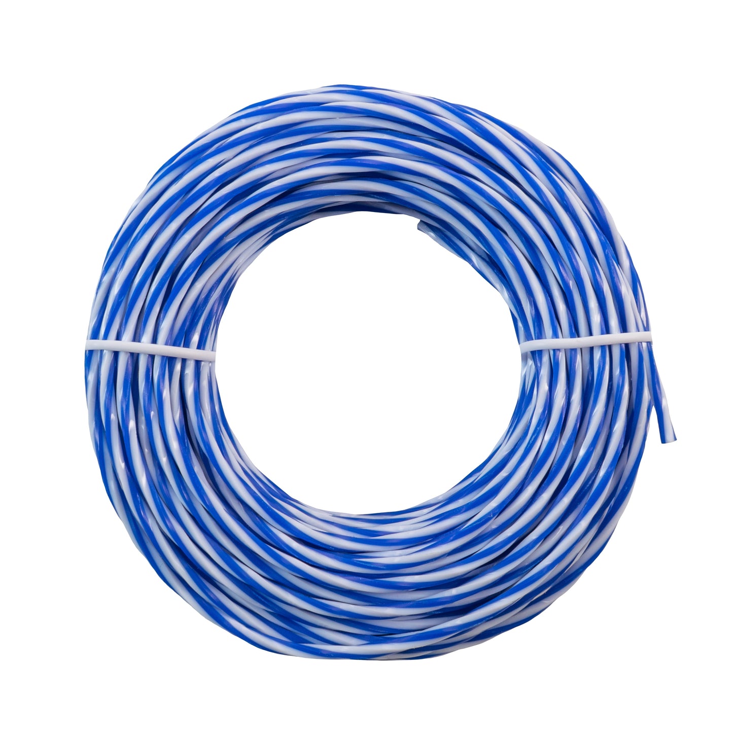 Blue and white strimmer line coil with white tie