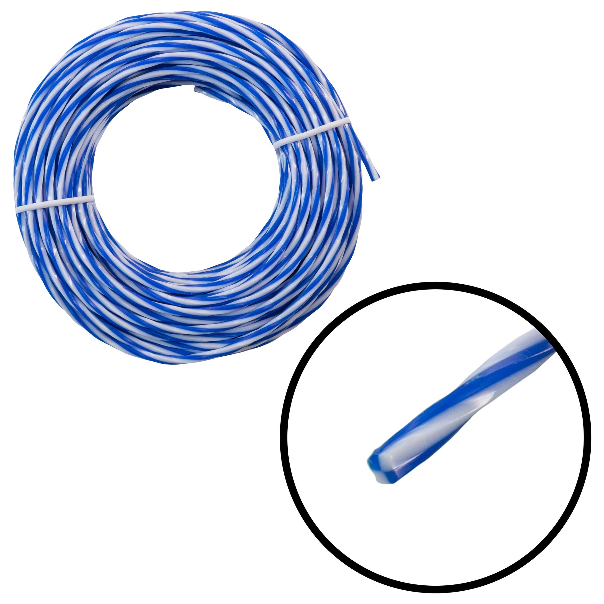 Coiled strimmer line spool with white tie and striped blue cord end