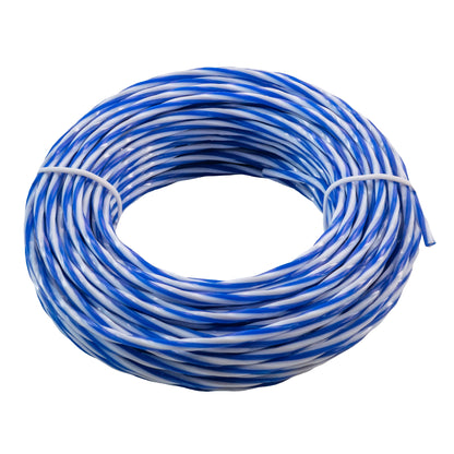 Blue and white strimmer line spool, coiled trimmer cord